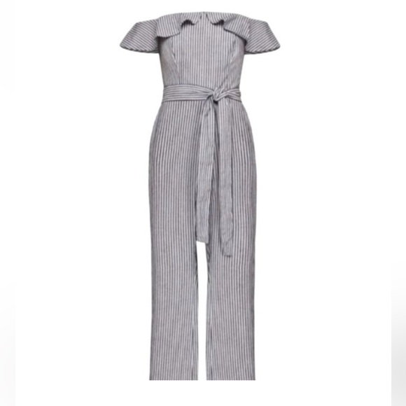 BCBGeneration Striped Off-Shoulder Jumpsuit - Picture 1 of 9